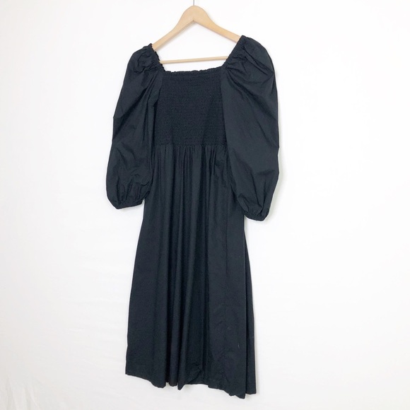 J Crew black smocked bodice puff sleeve, midi dress - Picture 3 of 11